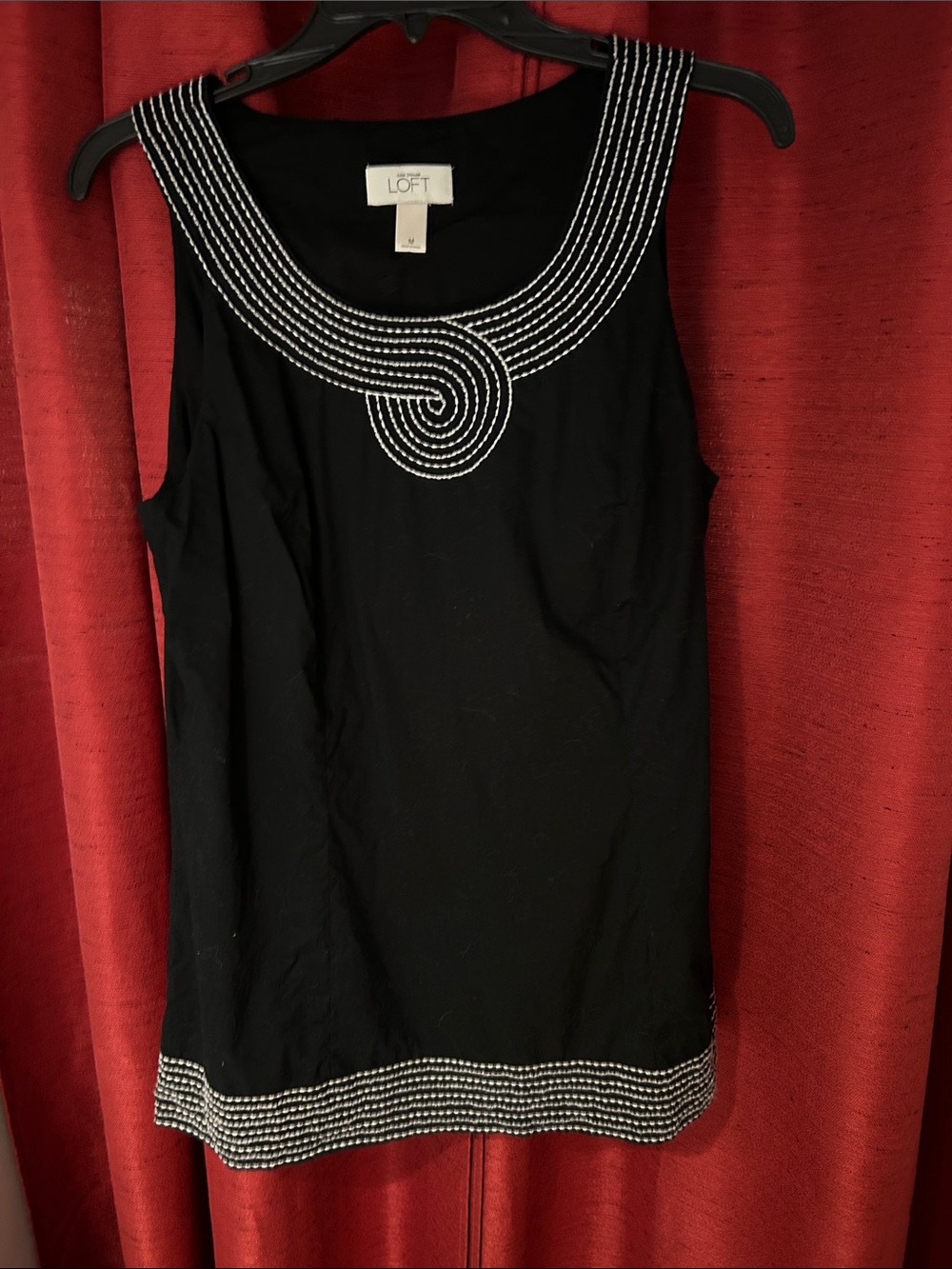 LOFT Black Tank with White Beaded Neckline and Hem